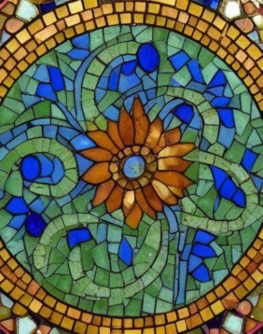 A close up of a flower on a mosaic