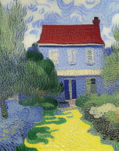 A color painting of the house in a garden