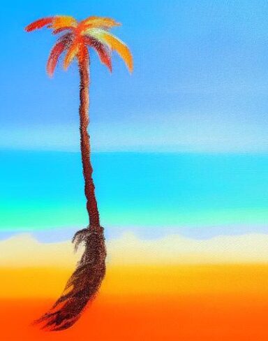 A color painting of the palm tree on a beach