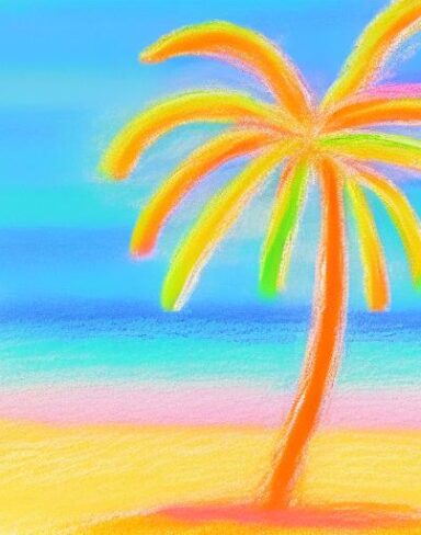 A color painting of the palm tree on a beach