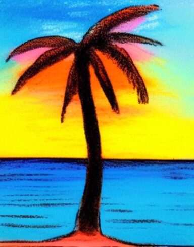 A color painting of the palm tree on a beach