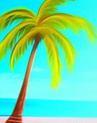 A color painting of the palm tree on a beach