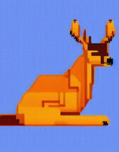 A deer sitting in front of a blue background