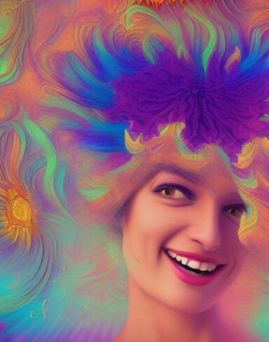 A digital 2D fantasy psychedelic artwork painting of a woman holding a laughing flower