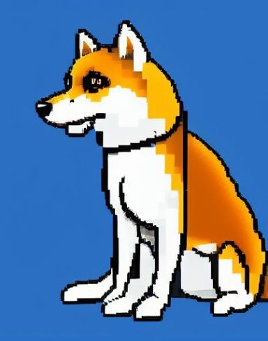 A dog sitting with blue background