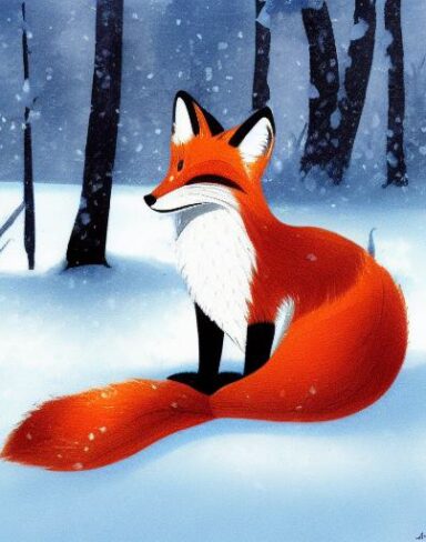 A fox that is sitting in the snow