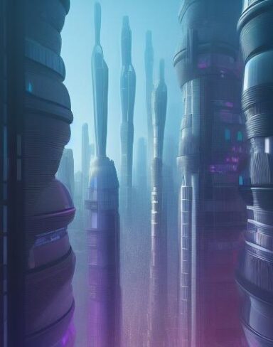 A futuristic city filled with lots of tall buildings and citizens