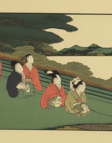 A group of people sitting on top of the grassland with trees