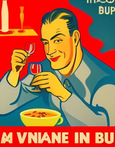A man holding a wine glass in front of a bowl of soup