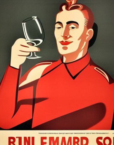 A man holding a wine glass in front of a bowl of soup