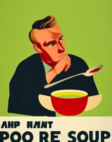 A man holding spoon in front of a bowl of soup