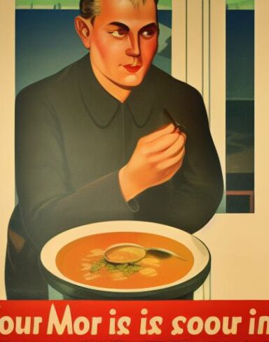 A man holding spoon in front of a bowl of soup