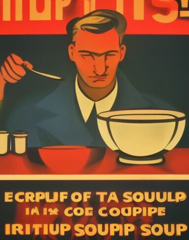 A man holding the spoon in front of a bowl of soup