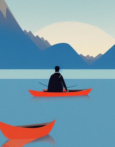 A man in the boat on a lake with mountains