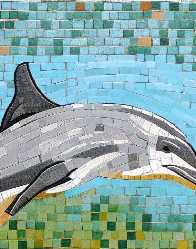 A mosaic of a dolphin in the costal inspired by Charles Ginner