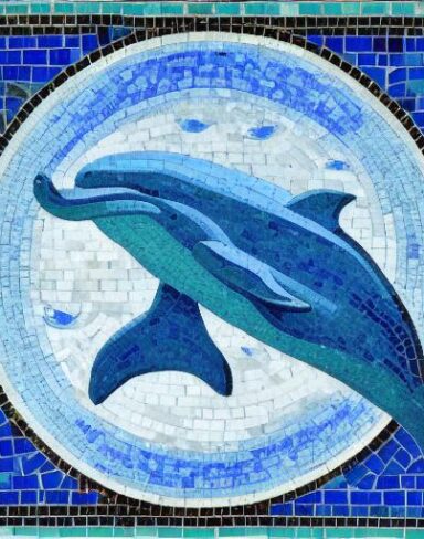 A mosaic of a dolphin swimming in the blue ocean inspired by Charles Ginner