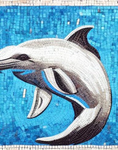A mosaic of a dolphin swimming in the marine ocean inspired by Charles Ginner