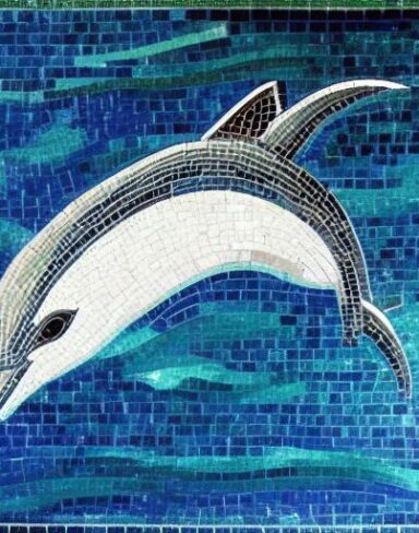 A mosaic of a dolphin swimming in the marine ocean inspired by Charles Ginner