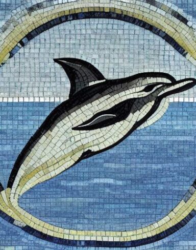 A mosaic of a dolphin swimming in the marine ocean inspired by Charles Ginner