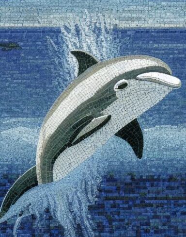 A mosaic of a dolphin swimming in the marine ocean inspired by Charles Ginner
