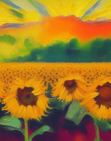 A oil painting of sunflowers in the field