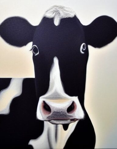 A painting of a black and white cow
