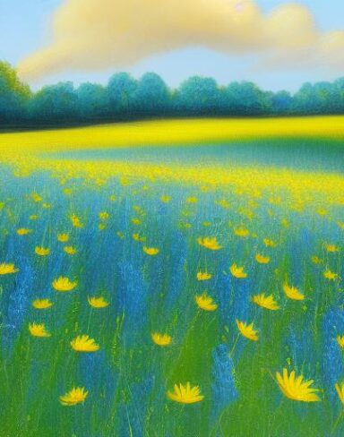 A painting of a bunch of blue and yellow flowers in a field