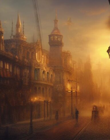 A painting of a city with a clock tower