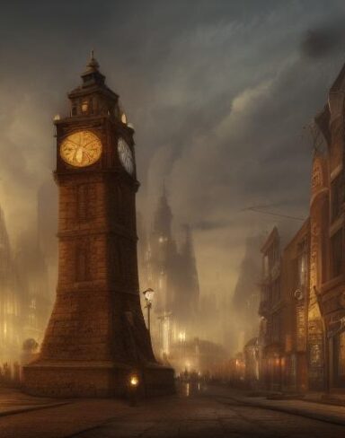 A painting of a city with a clock tower