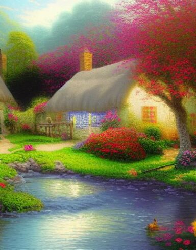 A painting of a cottage by a river with vivid flowers