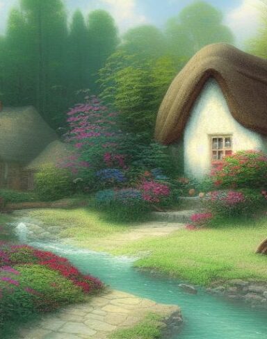 A painting of a cottage near a river