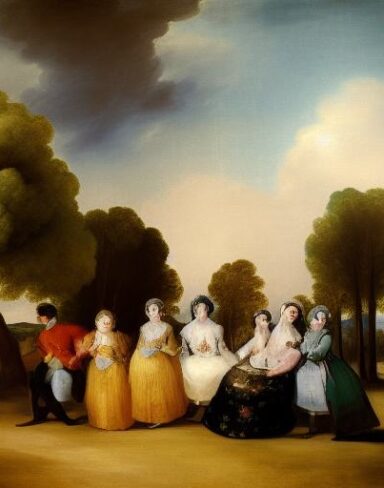 A painting of a group of couples having fun on the green land by Francisco de Holanda