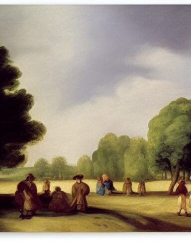 A painting of a group of people in a field with trees by Francisco de Holanda