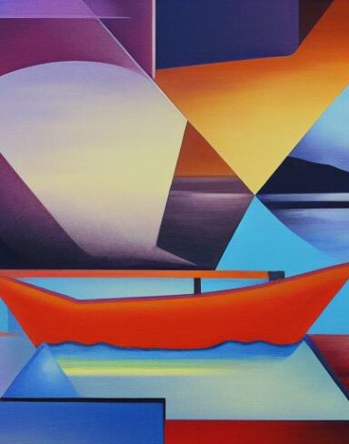 A painting of a river with a boat in the background