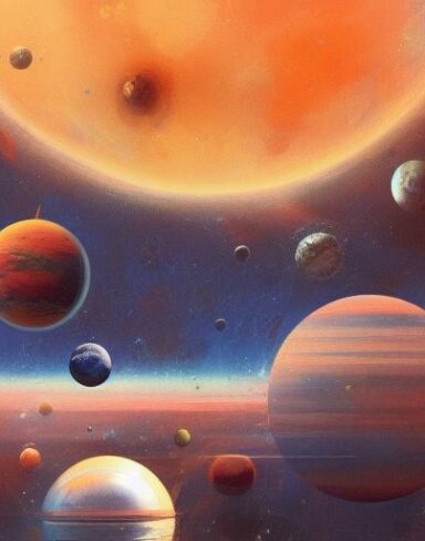 A painting of a space with planets in the background