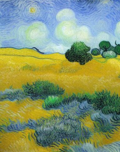 A painting of a wheatfield with cypress trees