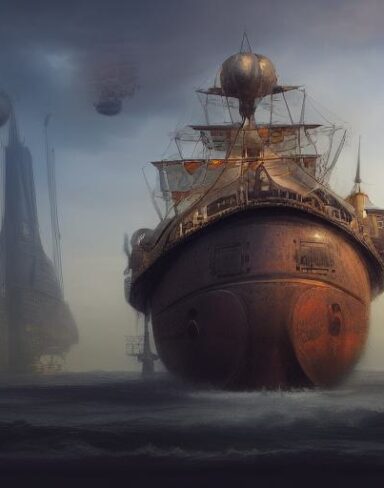 A painting of a woman and a giant ship