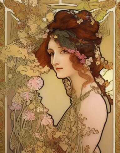 A painting of a woman with flowers in her brown hair