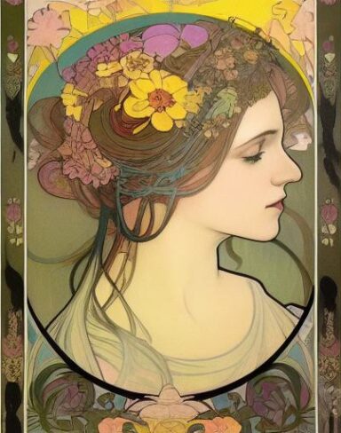 A painting of a woman with flowers in her hair