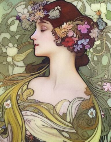 A painting of a woman with flowers in her hair