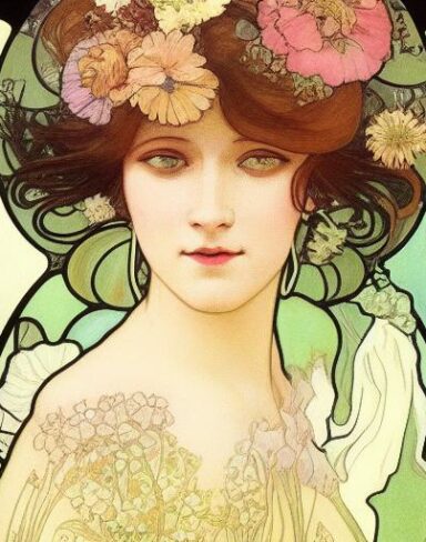 A painting of a woman with flowers in her hair
