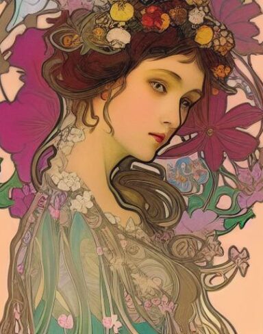 A painting of a woman with flowers in her hair