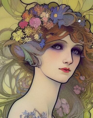 A painting of a woman with flowers in her hair