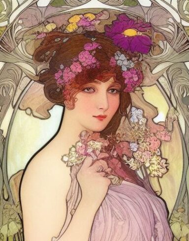 A painting of a woman with flowers in her hair
