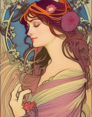 A painting of a woman with ribbons in her hair
