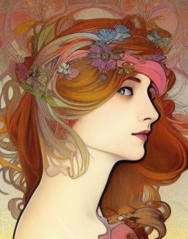 A painting of a woman with ribbons in her hair