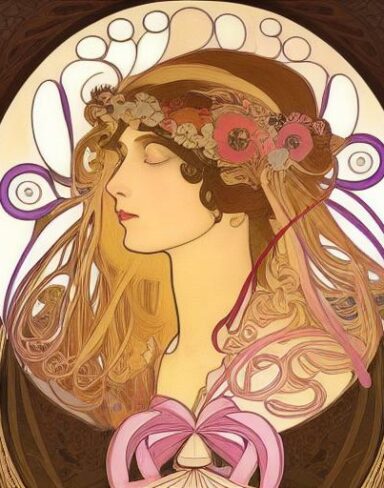 A painting of a woman with ribbons in her hair