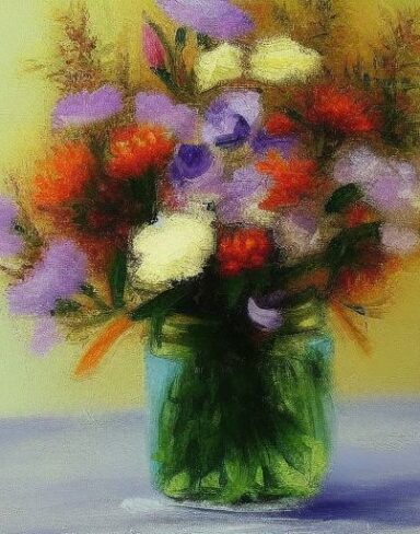 A painting of flowers in a vase on a table