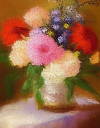 A painting of flowers in a vase on a table