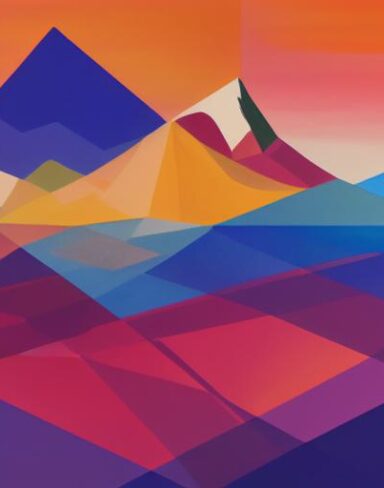 A painting of mountains and water in the background
